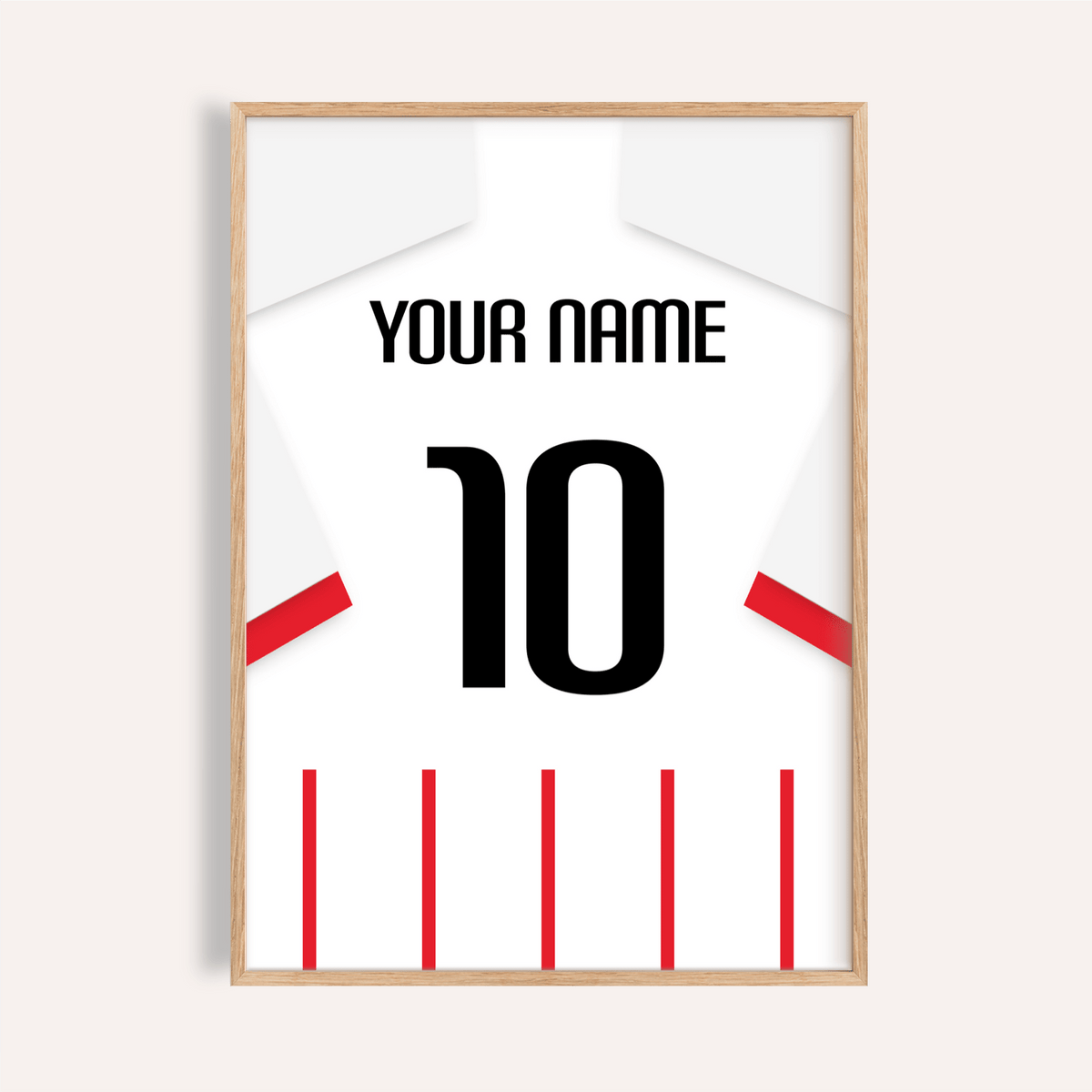 Football Shirt Poster in Red and White Stripes with White Sleeves showing a close-up of the number 10 and text in black