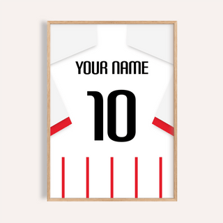 Football Shirt Poster in Red and White Stripes with White Sleeves showing a close-up of the number 10 and text in black