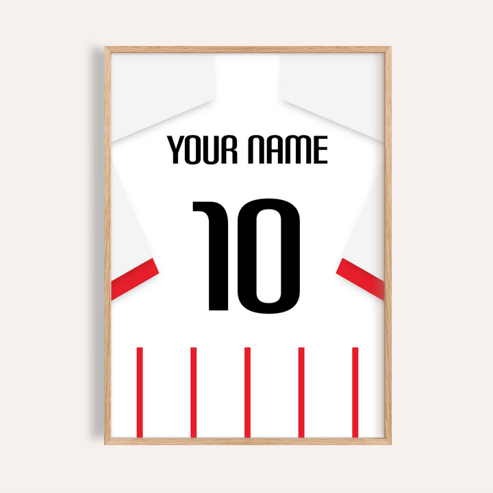 Football Shirt Poster in Red and White Stripes with White Sleeves showing a close-up of the number 10 and text in black
