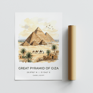 Giza Pyramid wall art showing watercolour illustration of pyramids and camels with packaging tube