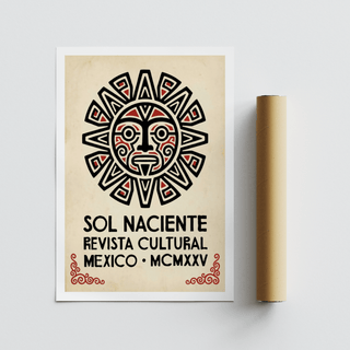 Aztec Sun Illustration Art Print next to a brown packaging tube on a grey surface