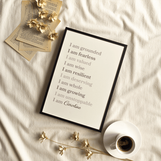 Custom Quote Poster flat artwork with affirmation words in grey and black on a cream background surrounded by dried flowers and a cup