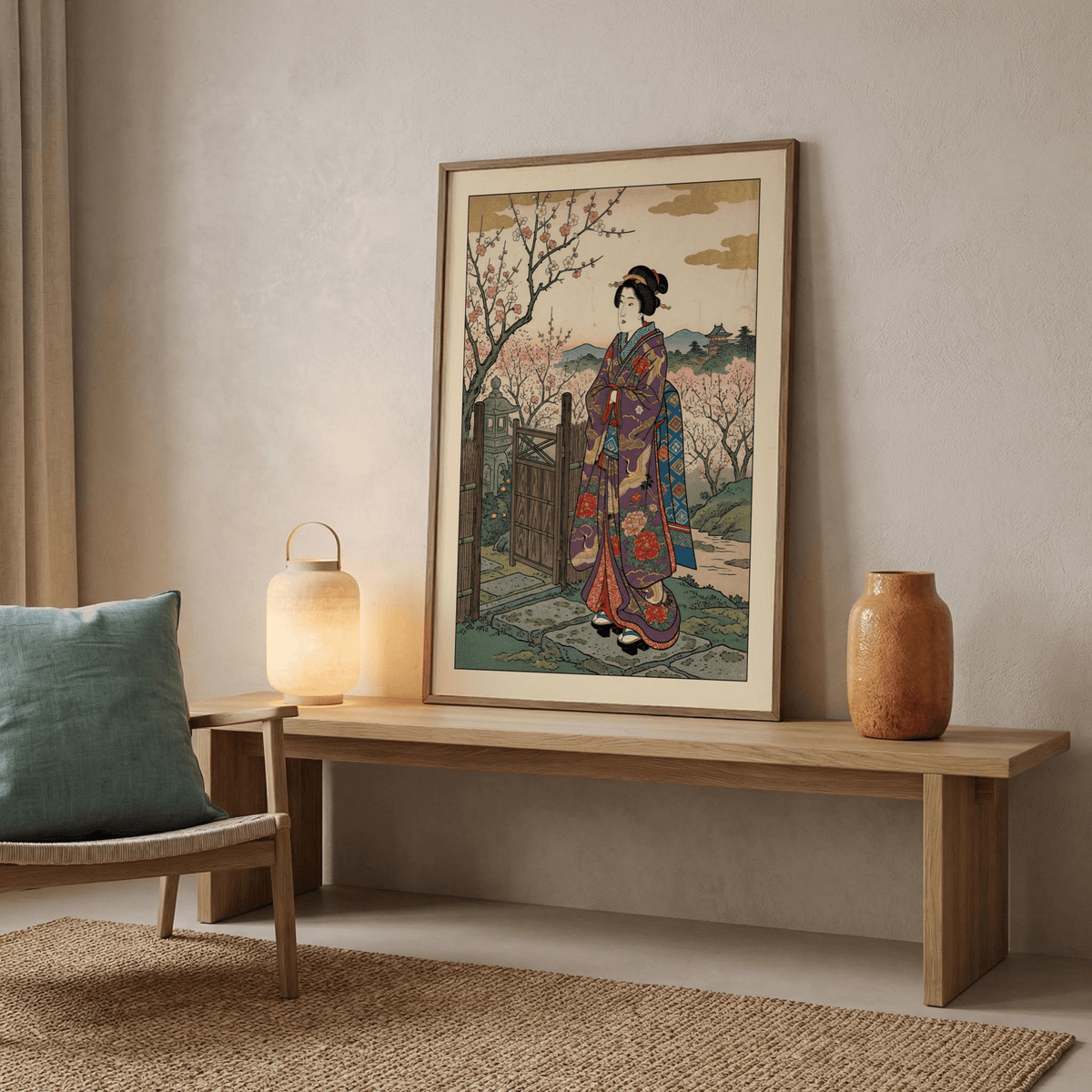 Floral Kimono wall art with a maiko and cherry blossoms on a wooden bench with lamp and vase
