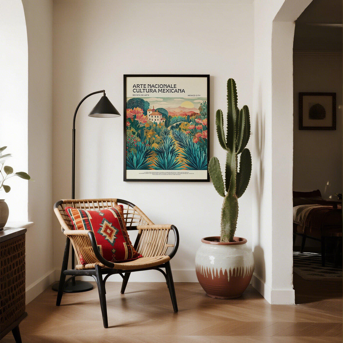 Wall art Mexican Landscape Art showing agave plants and a house in a botanical illustration style in a living space with a wicker chair