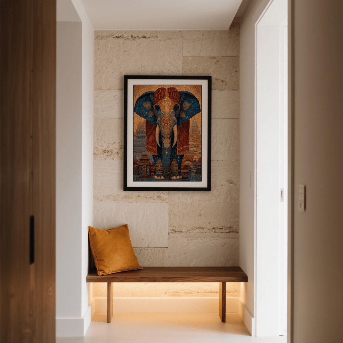 Colorful Indian Art Print framed print of a decorated elephant with blue and rust details above a wooden bench with a mustard cushion