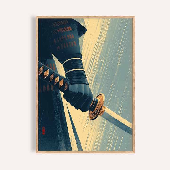 Close-up of katana wall art showing a hand gripping the sword with dark blue and gold tones