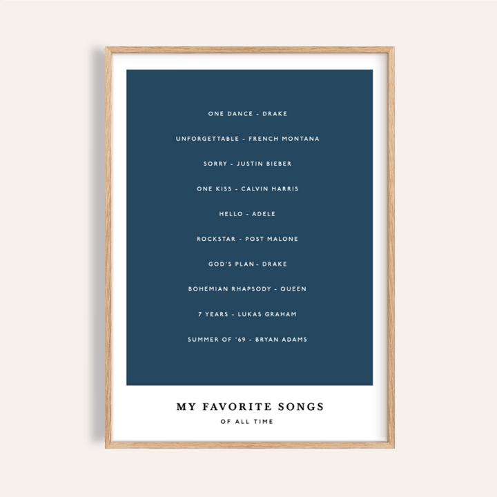 Framed Custom Song Wall Art print with a navy blue centre and white text in a minimalist style