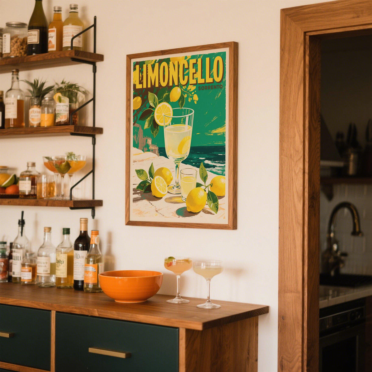 Drinks wall art vintage illustration of limoncello and lemons on a green sea background in a kitchen beside bottles and glasses