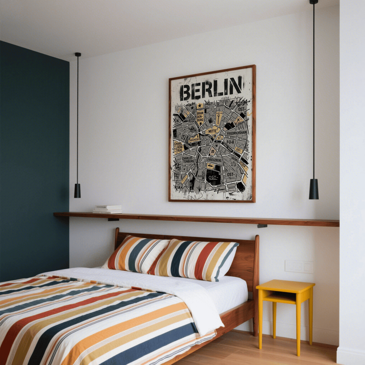 Berlin City Map Wall Art framed print with black and ochre map details in a bedroom above the bed with striped bedding and yellow bedside