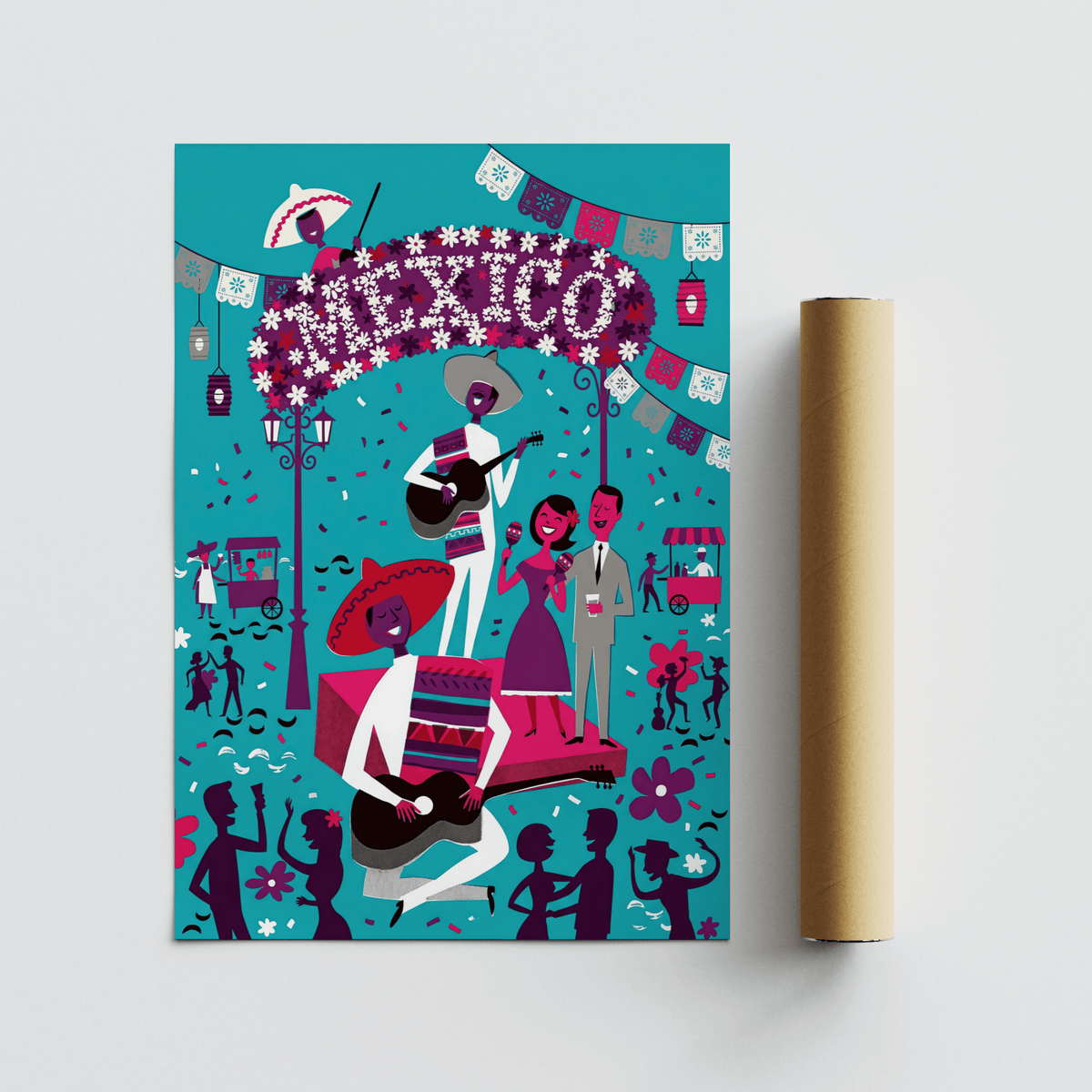 Rolled Mexican Fiesta wall art showing vibrant folk-art musicians and dancers with teal background