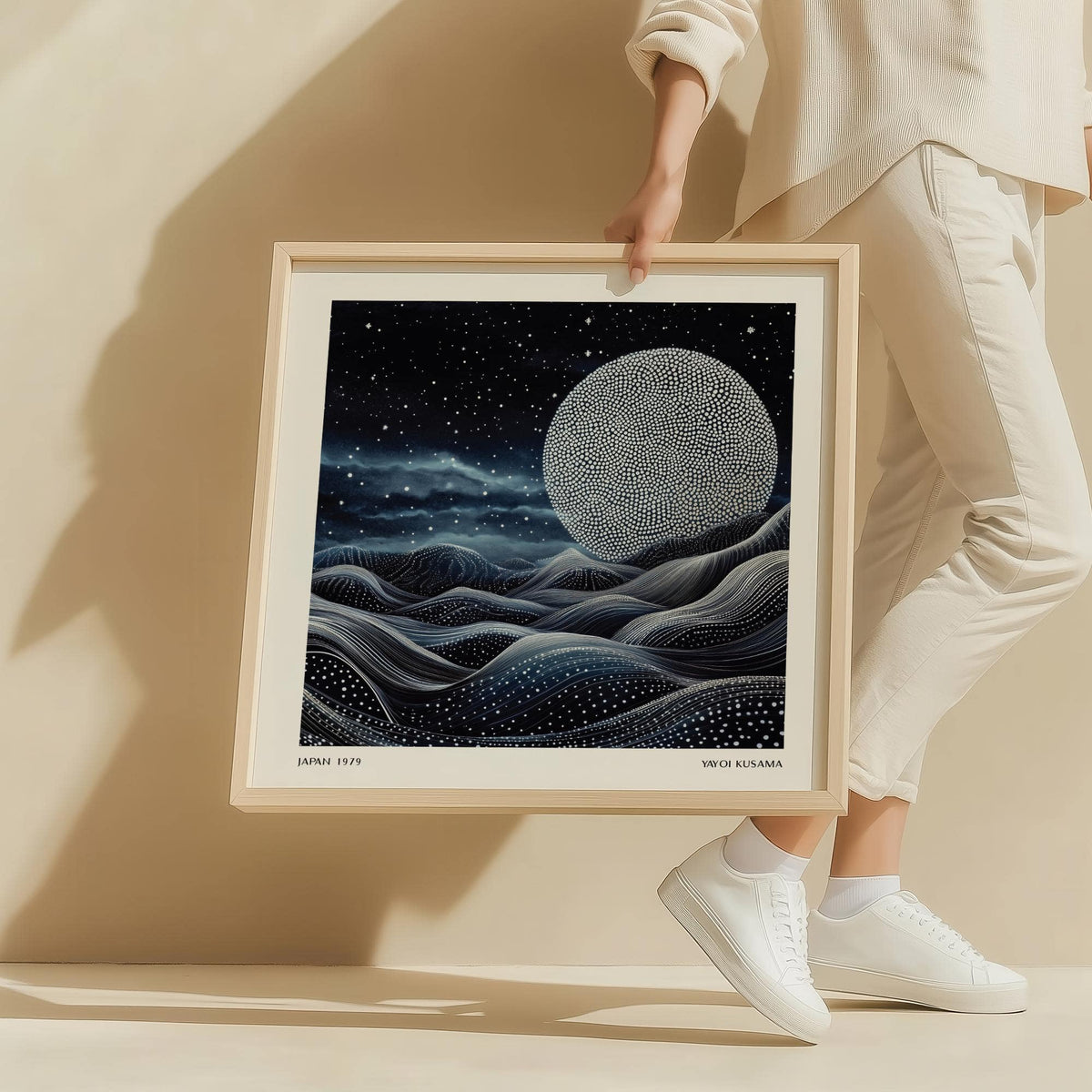 Print held in hands of surreal moonlit scene with a dotted moon and wave-like hills in dark colours
