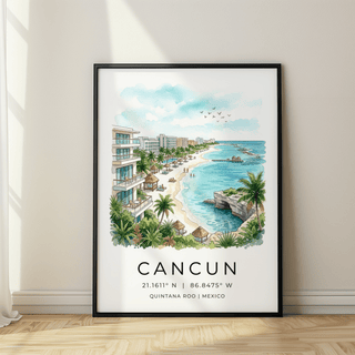 Framed Cancun Beach Art Print of a tropical coastline with blue sky leaning on a wooden floor