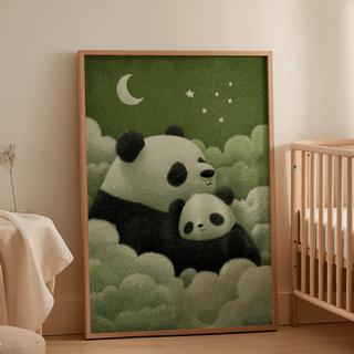 Print leaning on a floor next to a wooden cot shows sleeping pandas in green and cream tones in a nursery
