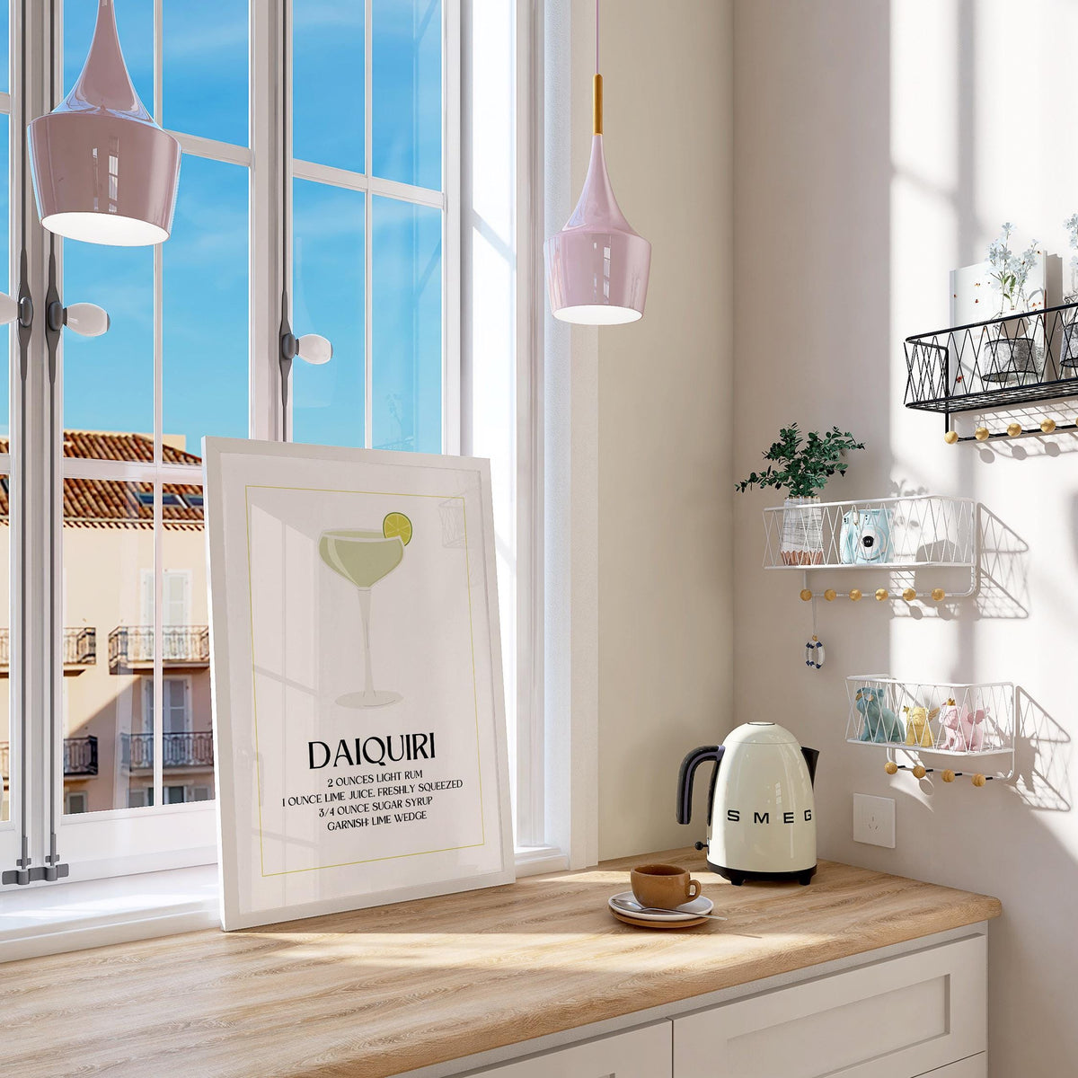 Print leaning on a kitchen countertop with daiquiri recipe and lime illustration near a kettle and cup