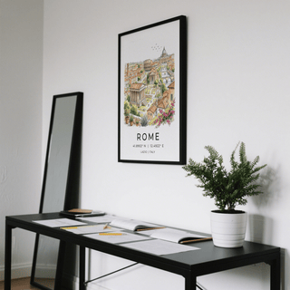 Rome Skyline wall art of a detailed colourful watercolour cityscape above a black desk with a plant