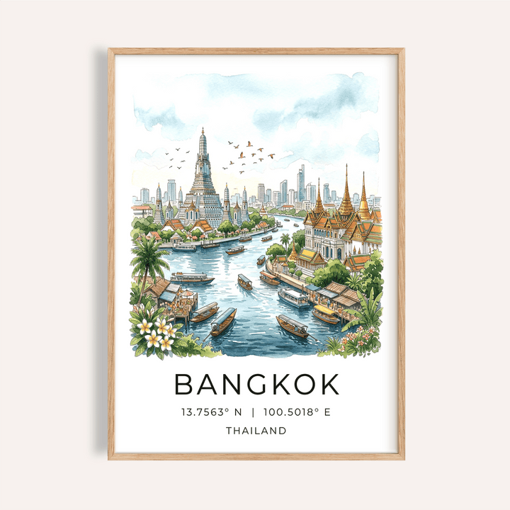 Framed print close-up of Bangkok cityscape in watercolour illustration with blue sky and river