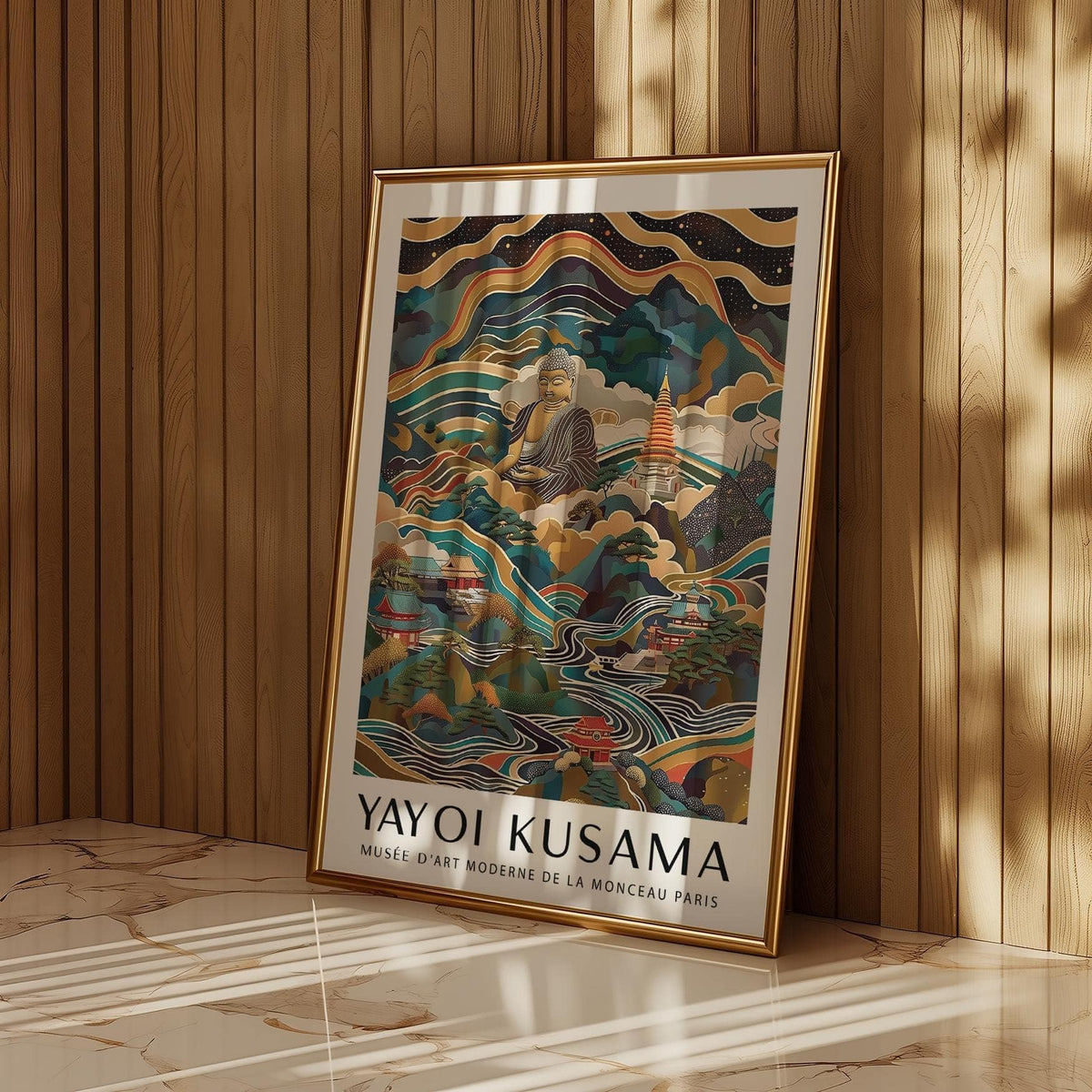 Framed Buddha poster leaning against a wooden wall with sunlight casting shadows