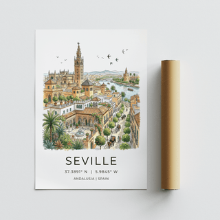Seville art print of a watercolour cityscape with orange tiled roofs and a river beside a packaging tube
