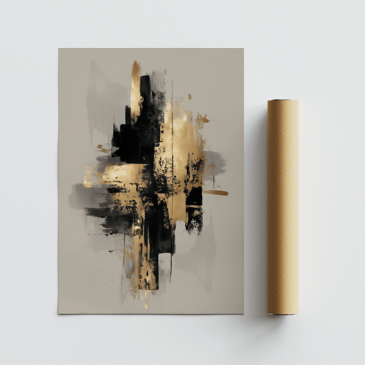 Gold Wabi Sabi Print showing abstract black and gold brush strokes with a grey background alongside a brown packaging tube