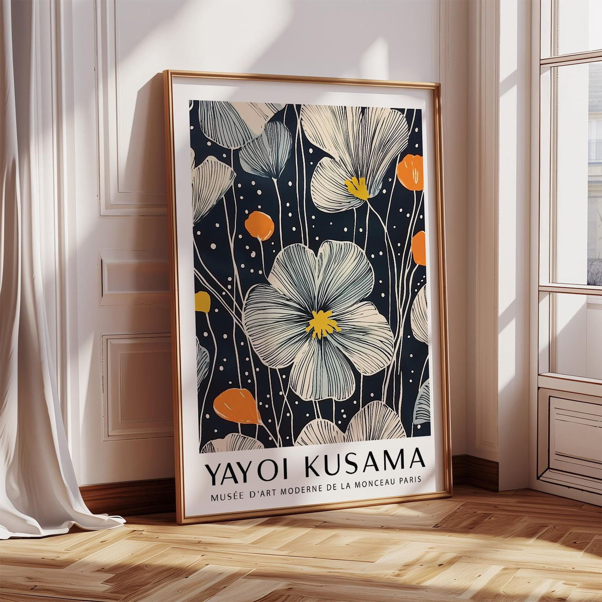 Large Flower Wall Art leaning with cream and orange blooms and fine lines in a sunlit room