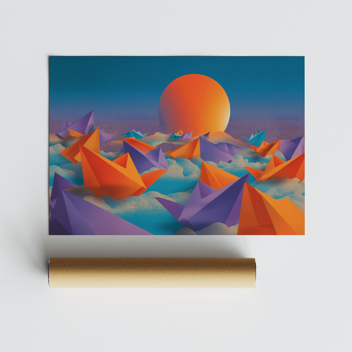 Origami wall art of orange and purple boats at sunset next to a packaging tube