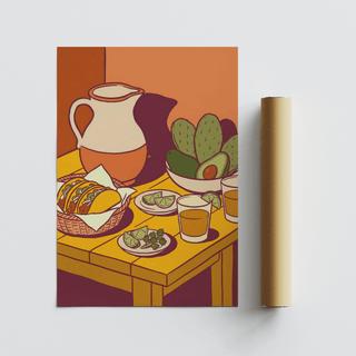 Taco Art Print flat artwork with tacos, lime, and avocado alongside a packaging tube