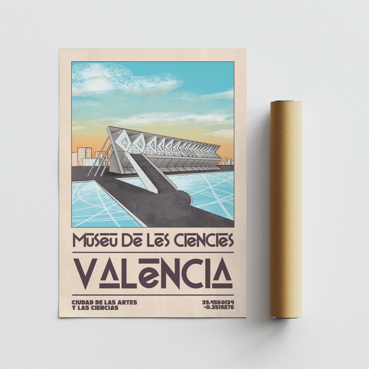 Valencia art print laid flat showing a stylised building with blue and orange sky alongside a cardboard packaging tube