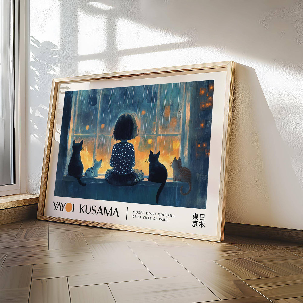 Print leaning on floor of Cat Wall Decor showing a girl with four cats by a window in blues and oranges