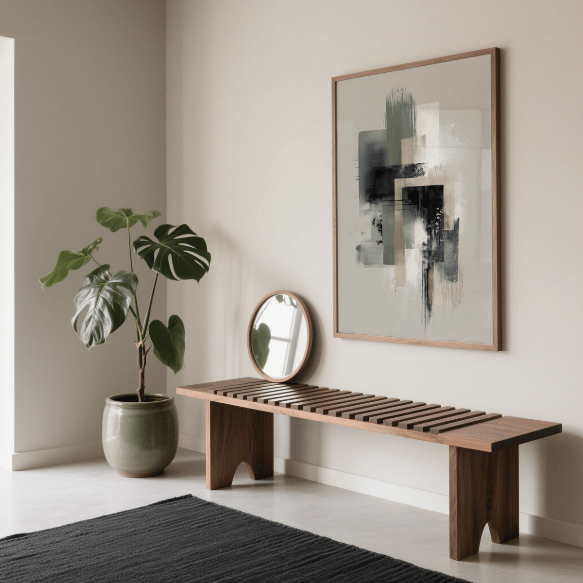 Print on a wall in a neutral-toned room showing abstract geometric shapes in grey black and beige above a wooden slatted bench