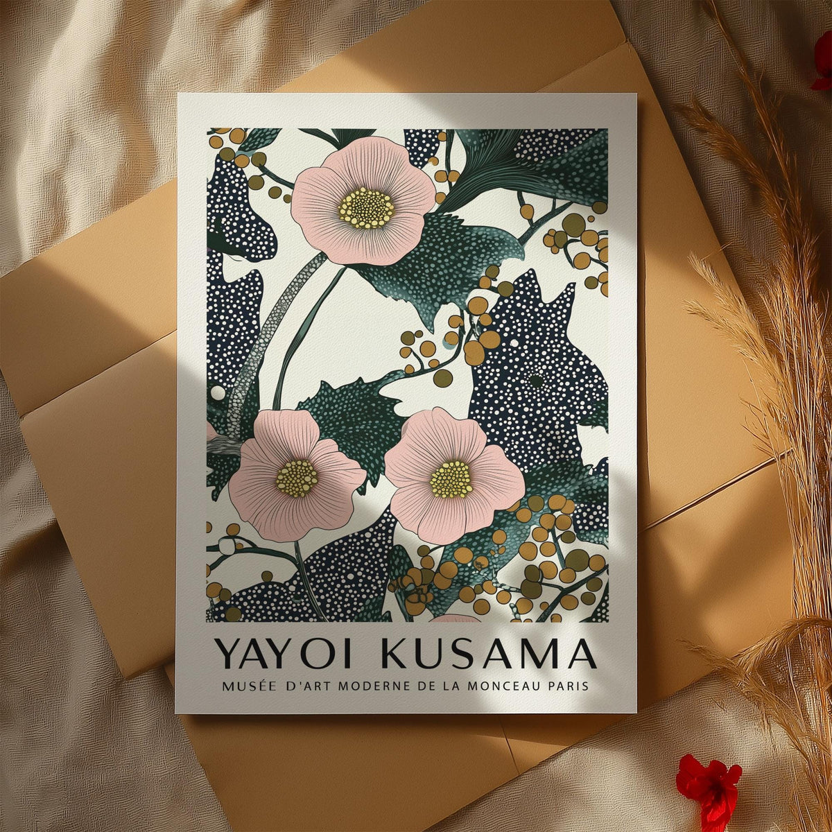 Close-up of pink wall art for bedroom showing pink flowers and green leaves with berries on packaging
