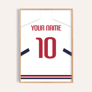 Football Shirt Poster in White with Navy Sleeves and Red Number