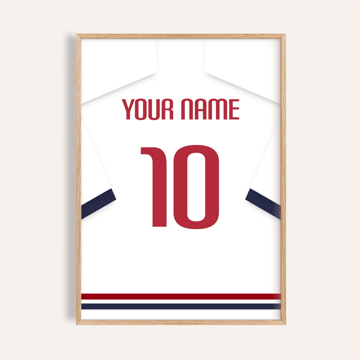 Framed print close-up of a football shirt poster in white with navy sleeves and red number 10
