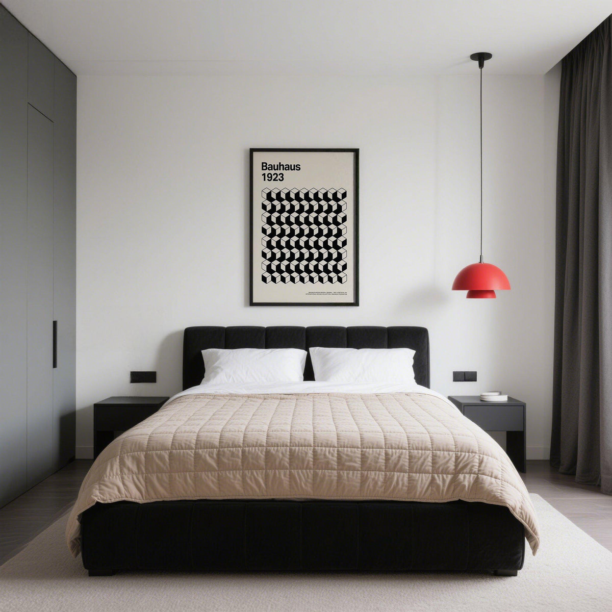 Bauhaus Design black and white cubes wall art above a bed and beside a red hanging lamp