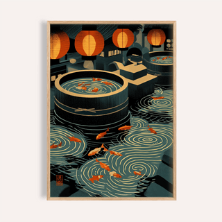 Framed close-up of Japanese Koi Art Print showing koi fish in swirling water with orange lanterns