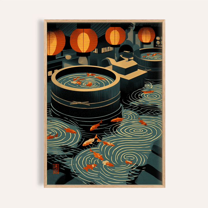 Framed close-up of Japanese Koi Art Print showing koi fish in swirling water with orange lanterns