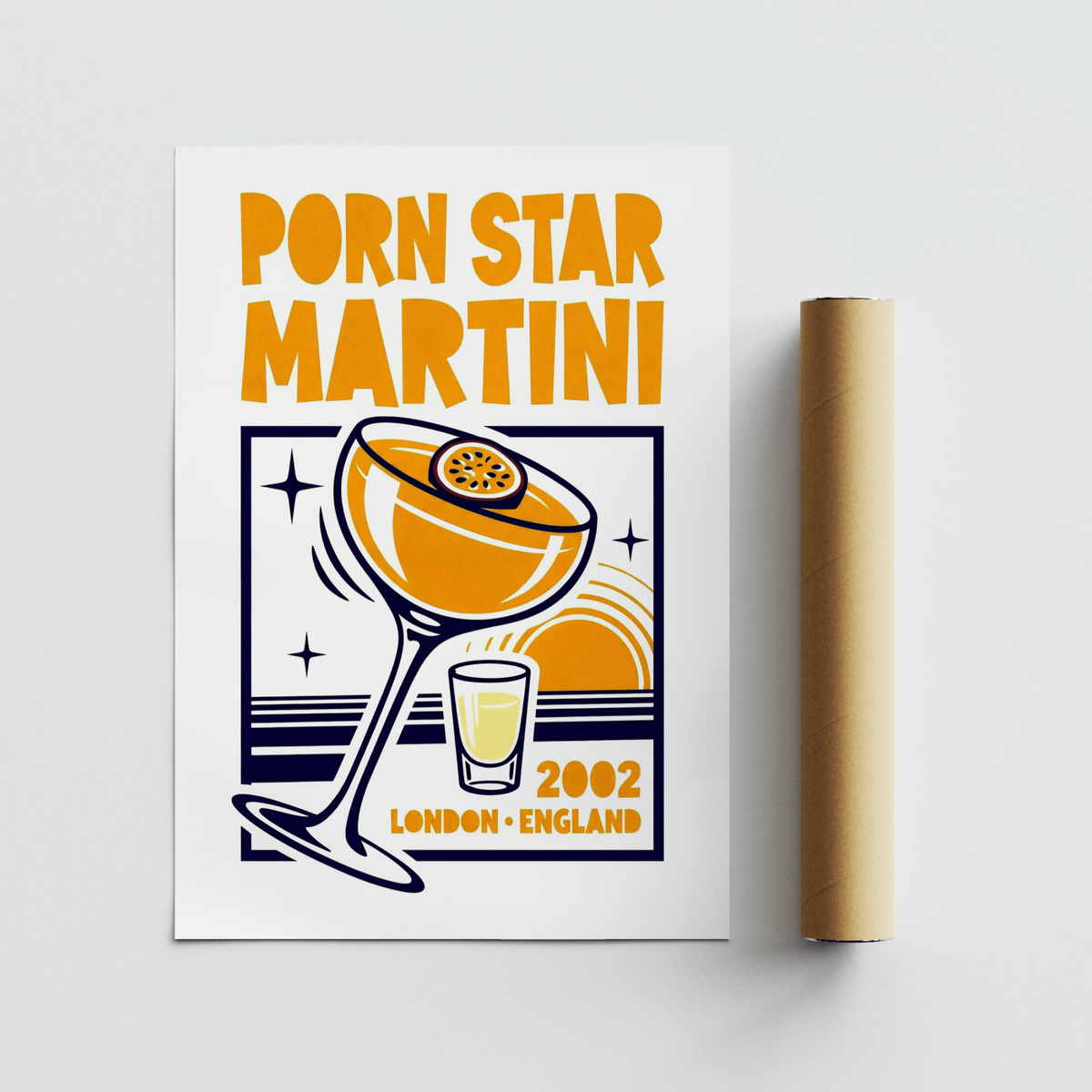 Passion Fruit Martini Print with colourful minimalist illustration and text beside a packaging tube