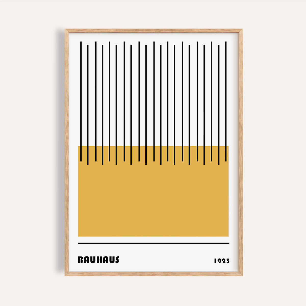 Modern Geometric Art with yellow rectangle and black lines in a natural wood frame