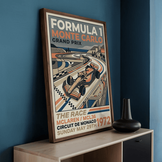 Angled scene of Monte Carlo Retro Racing Poster with curved roadway bands and distant buildings