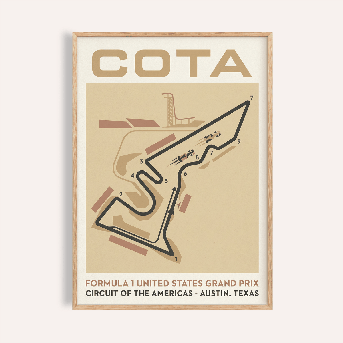 Framed close-up of a race track map poster with beige and brown tones in a light wooden frame