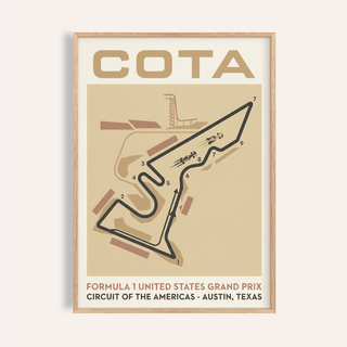 Framed close-up of a race track map poster with beige and brown tones in a light wooden frame