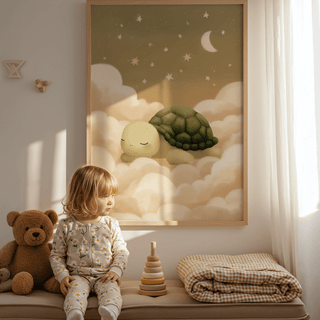 Turtle wall art of a sleeping turtle with stars and moon above a child and teddy bear