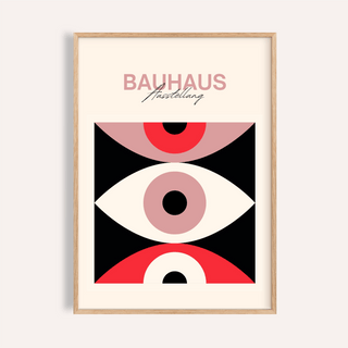Framed Abstract Eye Poster with Bauhaus text and abstract eye shapes in red black and pink