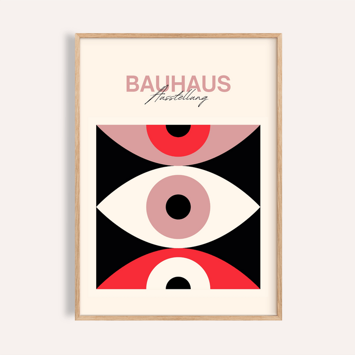 Framed Abstract Eye Poster with Bauhaus text and abstract eye shapes in red black and pink