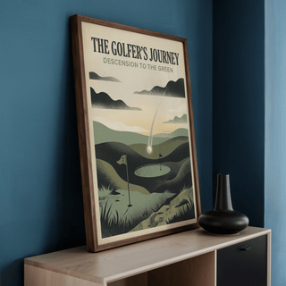 Framed Golf Landscape Art Print of a minimalist golf green illustration on a blue wall with a black vase nearby
