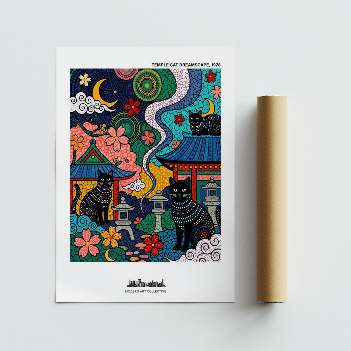 Rolled print with Japanese cat wall art featuring black temple cats on a white background and a packaging tube