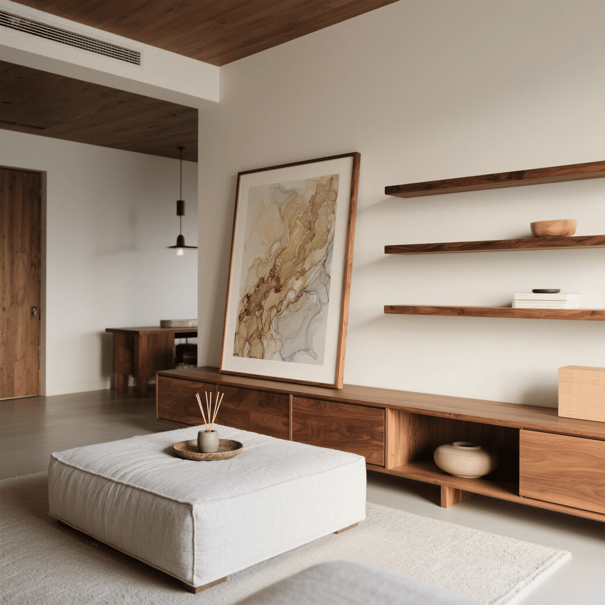 Abstract gold art print leaning on wooden sideboard with neutral decor and shelves in living room