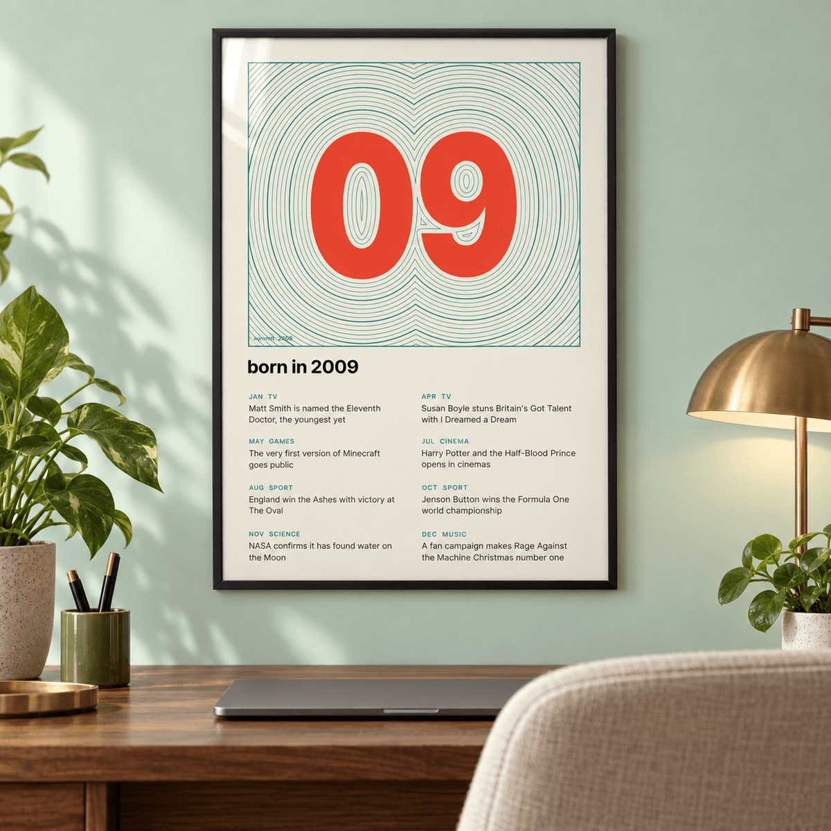 Topographic 2009 birth year print on cream in a bright home interior