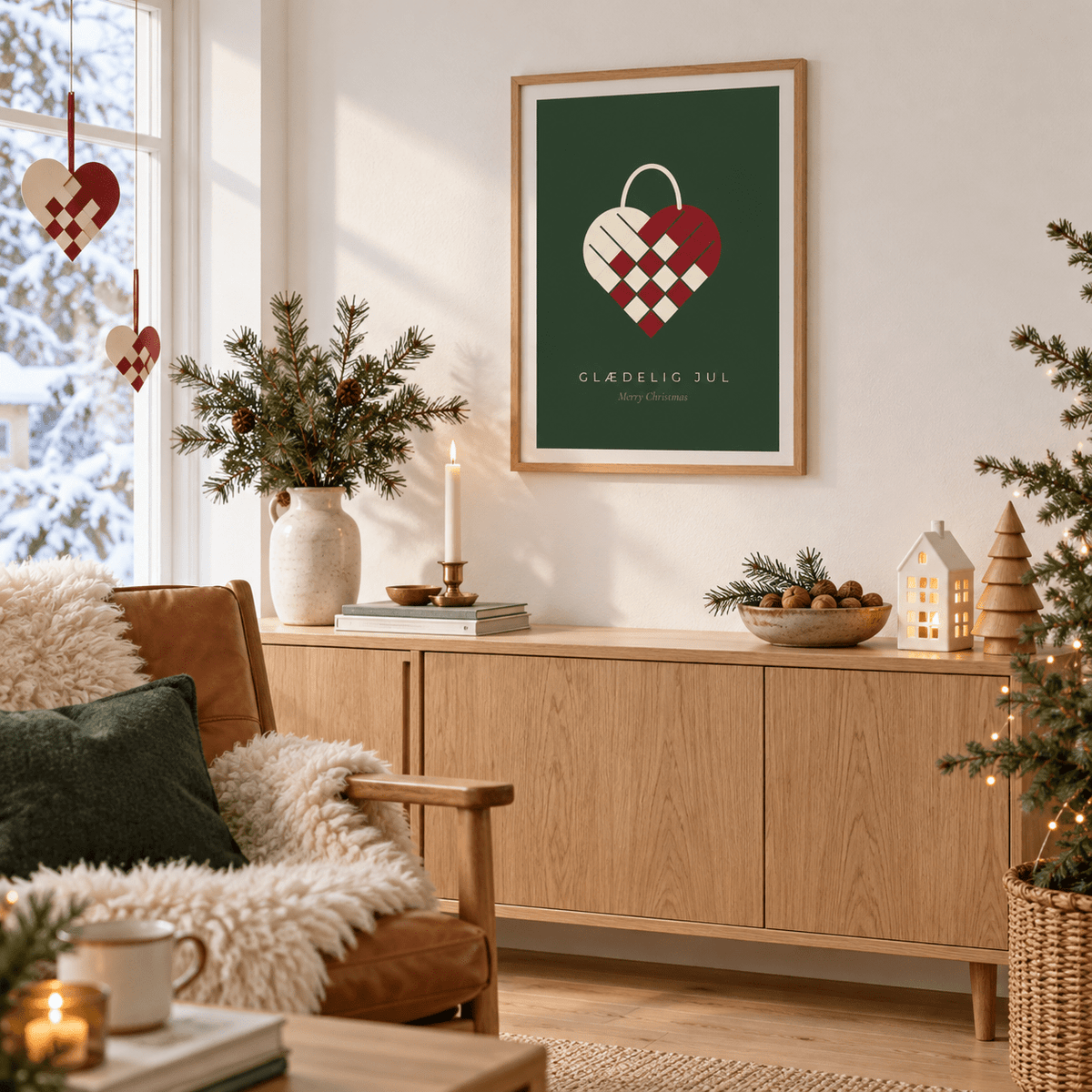 Red and cream heart print in a danish living room at Christmas