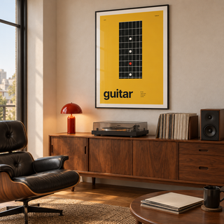 Swiss style guitar print above a sideboard in a listening room
