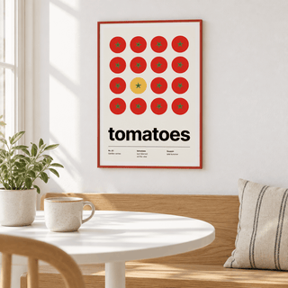 One yellow tomato among red ones above a table in a sunny breakfast nook